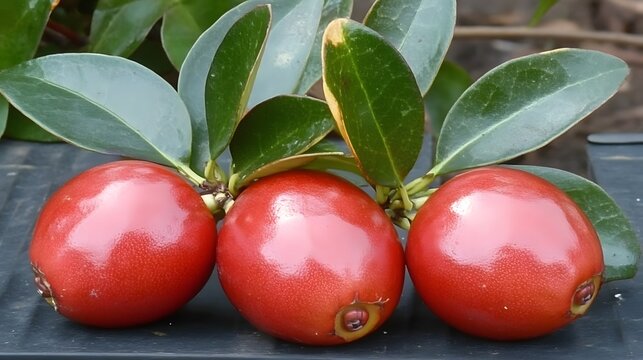 Vibrant Red Berries on Green Leaves Closeup