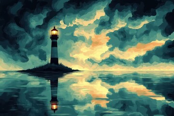 A Tall Lighthouse Stands Shining Brightly Above Calm Waters