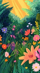 A vibrant illustration of flowers amidst lush green foliage and sunlight