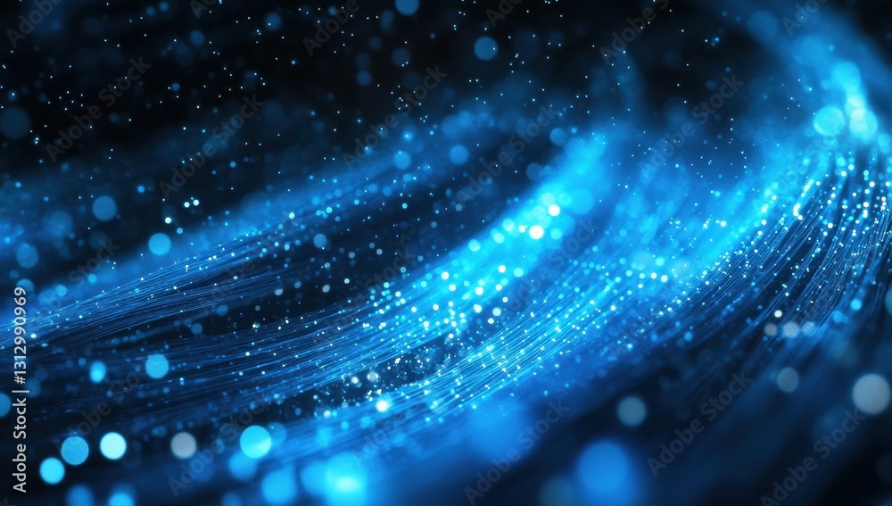 Poster dynamic blue wave of light particles sparkling in dark background for computer graphics and abstract