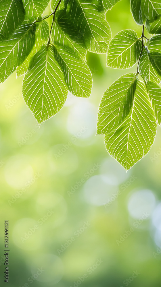 Fototapete sunlight filtering through bright green leaves creating bokeh in the background, perfect for nature 