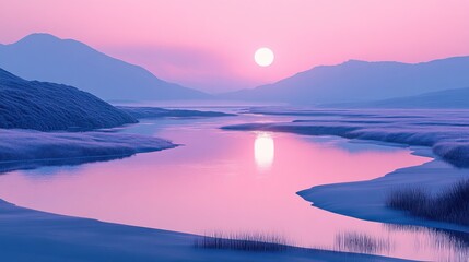 Fototapeta premium Pink Sunrise Over Misty River Valley