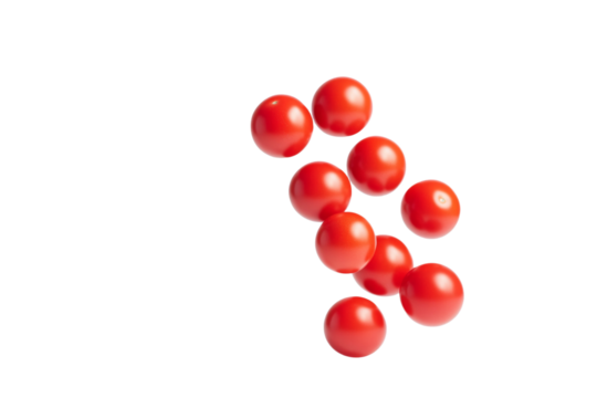 Bunch of red tomatoes are scattered across a white background, isolated