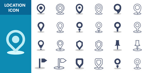 Creative 24 Location icon set with map pin and flag pointer variations, navigation symbol. Line Location icon. Address marker for graphic design and web elements.