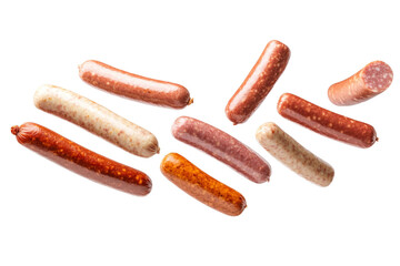 Row of hot dogs with different toppings, isolated
