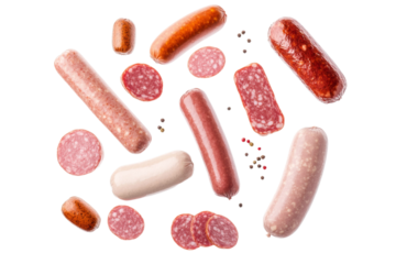 Variety of meats including hot dogs, sausages, isolated