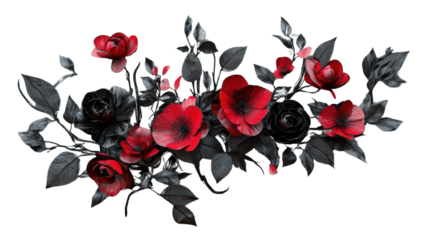 Red and black flowers creating a stunning floral arrangement on transparent background