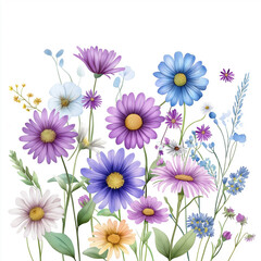 Fototapeta premium aster, dense arrangement, high resolution on white background, Watercolor botanical whimsical illustration art style