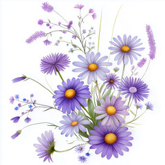 aster, dense arrangement, high resolution on white background, Watercolor botanical whimsical illustration art style