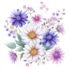 Obraz premium aster, dense arrangement, high resolution on white background, Watercolor botanical whimsical illustration art style