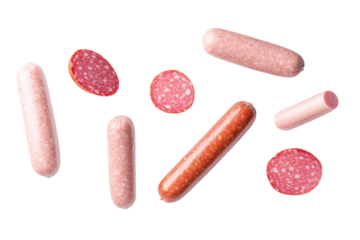 Close up of various types of meat, including hot dogs and sausage, isolated