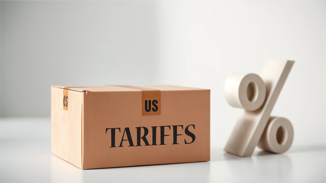 An illustration of international trade concepts in the U.S., depicting a trade war and tariffs between the U.S. and its trading partners