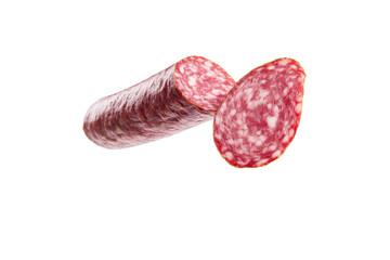 Piece of meat is sliced in half, with the other half still attached, isolated