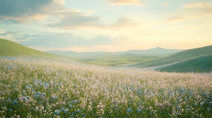 Fototapeta premium Serene Landscape of Wildflowers Blooming Under a Soft Sunset Sky in Rolling Hills