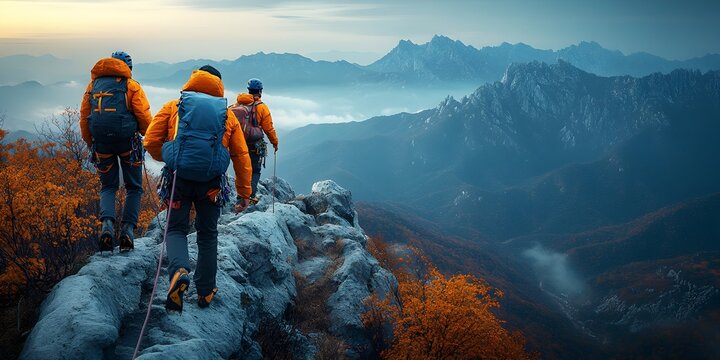 Two people on a mountain representing the thrill of climbing and adventure in a scenic natural landscape