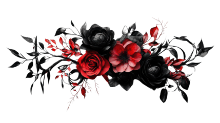 Red and black flowers creating a stunning floral arrangement on transparent background