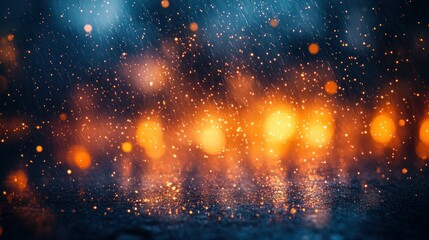 Rain-soaked city street at night, bokeh lights