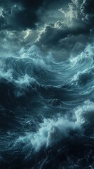 Dramatic ocean waves under a stormy sky with dark clouds