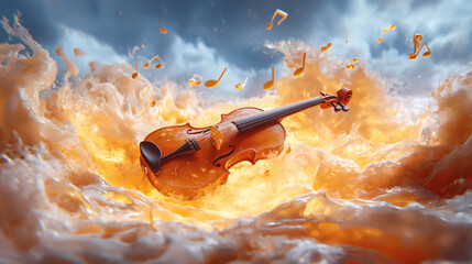 Fototapeta premium A violin emerges from bright flames, with musical notes floating in the air, creating a captivating and intense atmosphere filled with creativity and emotion