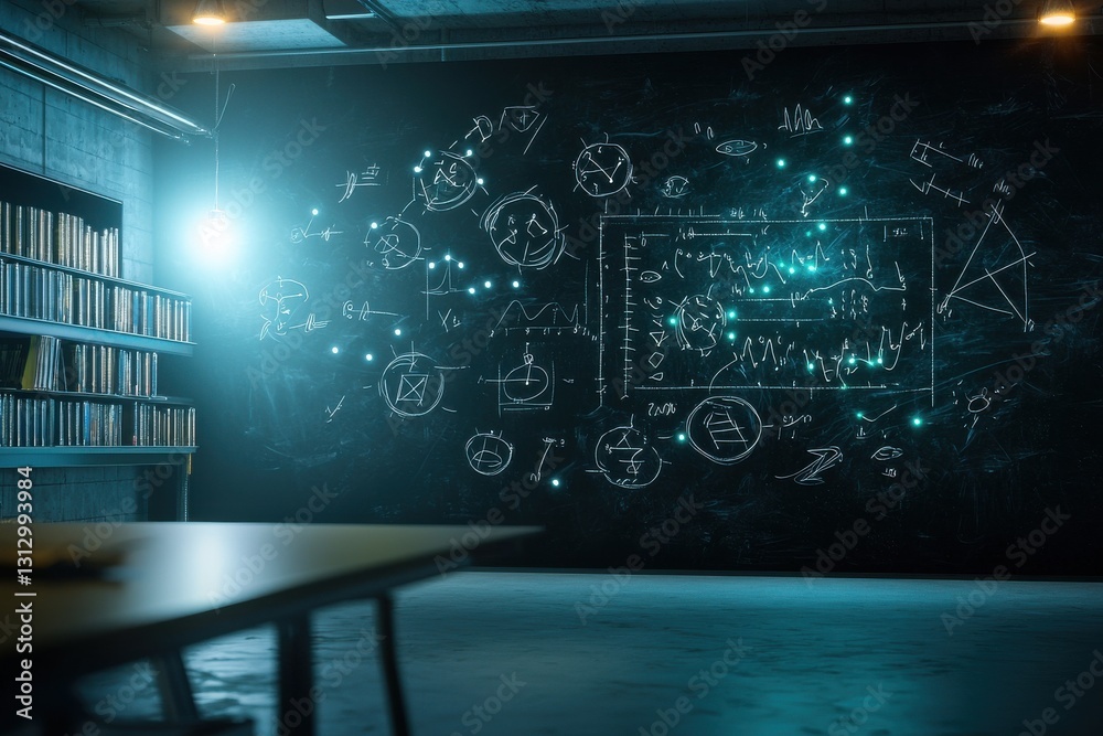 Poster a blackboard with equations and diagrams on it