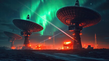 Stunning Night Sky with Satellite Dishes and Northern Lights Display