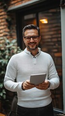 A smiling man wearing glasses holds a small digital tablet