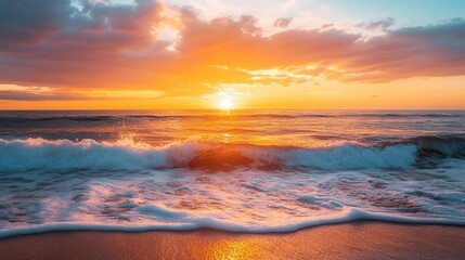 Fototapeta premium Tranquil Ocean Sunset Over Waves Reflecting Warm Colors on Serene Beach Shoreline at Dusk