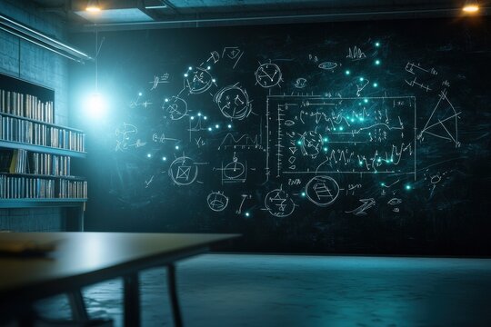 A blackboard with equations and diagrams on it