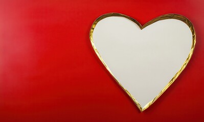 Elegant Heart-Shaped Mirror with Gold Trim on Vibrant Red Background Ideal for Valentine's Day Decorations and Romantic Themes in Creative Spaces