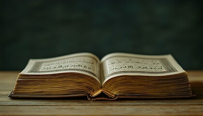 Obraz premium Open Quran Book On Wooden Table With Dark Background