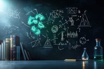 A chalkboard with a lot of equations and diagrams on it