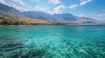 Fototapeta premium Crystal Clear Turquoise Water Reflecting Scenic Mountain Landscape Under Blue Sky with Fluffy Clouds