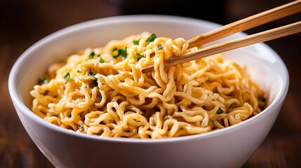 Close-up of chopsticks lifting some delicious-looking noodles from a bowl. Golden, savory, and comforting.