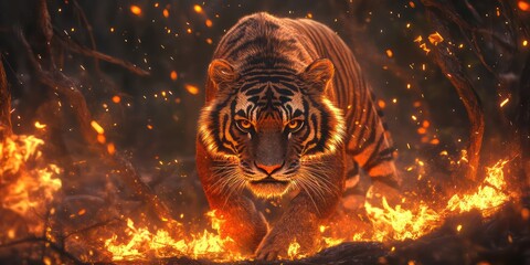 Fierce tiger walking through fire, forest background, wildlife scene
