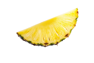 Slice of pineapple is shown on a white background, isolated