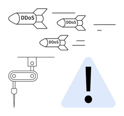 Missiles labeled DDoS targeting robotic system beneath a warning symbol, symbolizing cybersecurity threats. Ideal for technology, hacking, cybercrime, automation, AI risks, industry security, flat