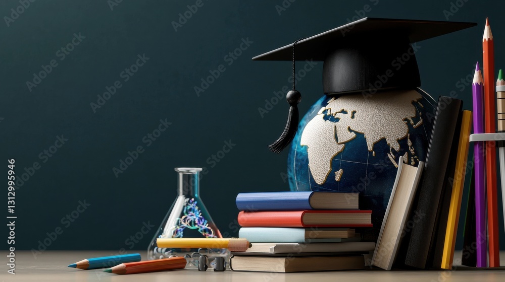 Poster a bookcase with a globe and a black cap on top