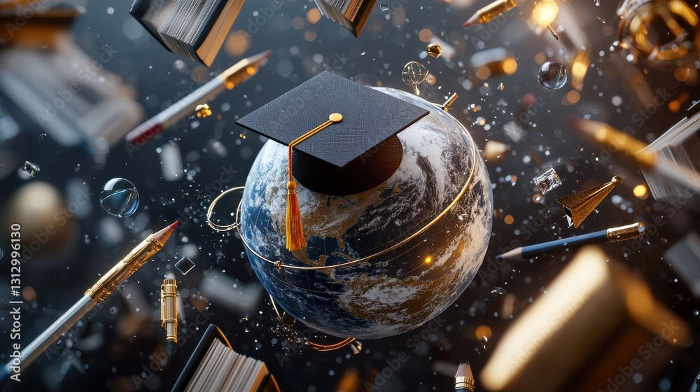 Poster a globe with a black cap on top of it and a bunch of books