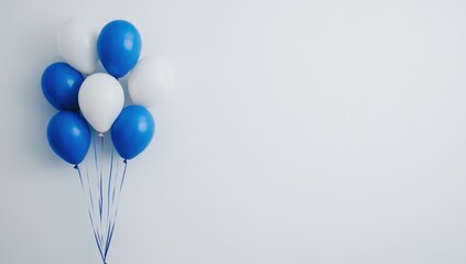 a bunch of blue and white balloons on the left side against a plain background, representing a celebration for an online business post Web banner with copy space Generative AI