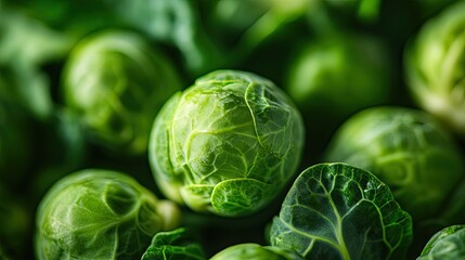 Fototapeta premium Fresh Green Brussels Sprouts with Leaves in Natural Light Background