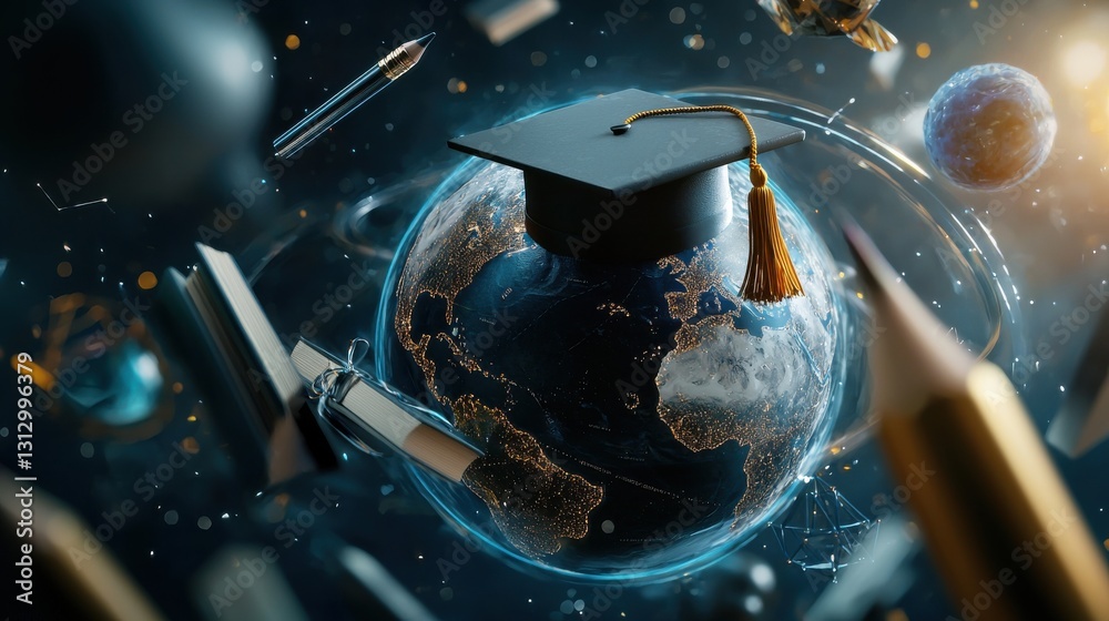 Poster a globe with a black cap on top of it and a pencil sticking out of it