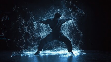 Fototapeta premium Dynamic Martial Artist Posing Amidst Blue Energy Effects