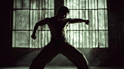 Strong Male Fighter Performing Martial Arts Move in Dim Light