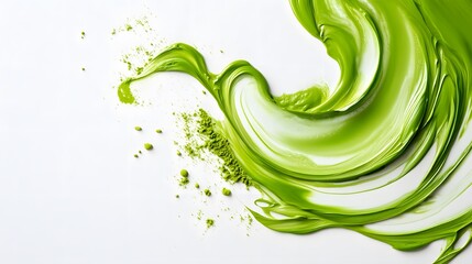 Swirling Green Matcha: A vibrant splash of rich, green matcha powder swirls elegantly, evoking a sense of calm and natural energy against a backdrop of pure simplicity.