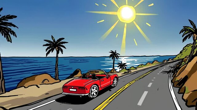 A convertible car cruises down a coastal road lined with swaying palm trees. The sun shines brightly, creating a perfect summer day for exploration and adventure.