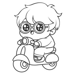 Cute boy with glasses riding a scooter, for coloring