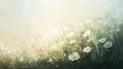 Naklejka premium Scenic Soft Focus of White Daisies and Delicate Wildflowers in a Gentle Sunrise Breeze