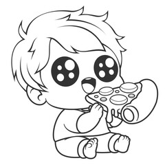 Cute fat boy eating pizza, for coloring © DzgnVibe