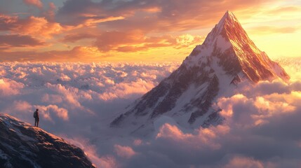 Stunning Mountain Landscape During Sunset Over Clouds with Hiker in Silhouette Against Vibrant Sky and Majestic Peak