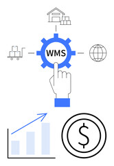 Hand pointing to WMS gear surrounded by warehouse, cart, globe, and bar chart with dollar sign. Ideal for logistics, supply chain, software, efficiency, automation growth and finance as a flat